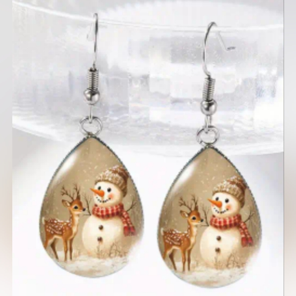 Christmas earrings Holiday Winter Snowman Deer Teardrop animal print